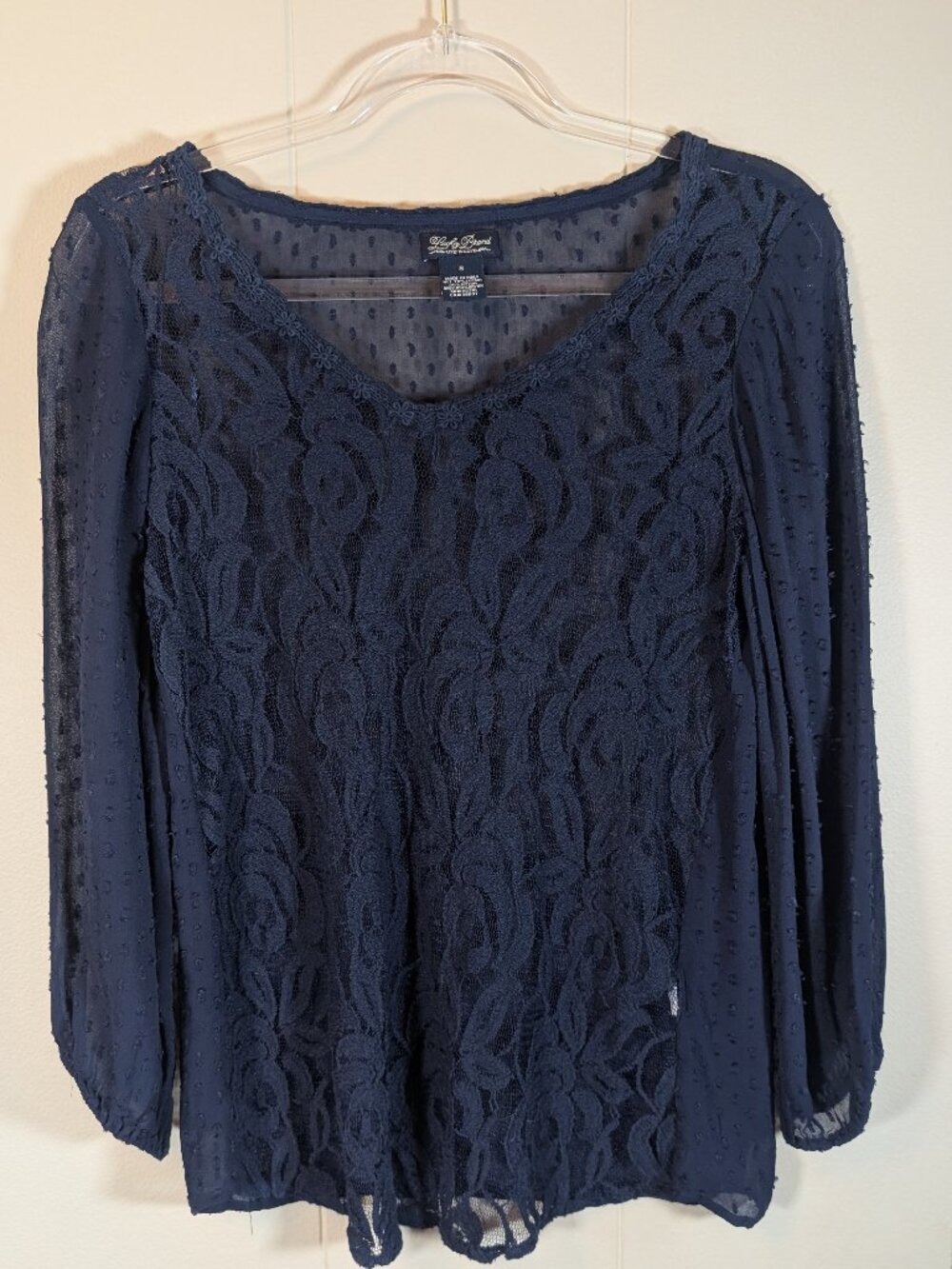 BOHO Lucky Brand Navy Lace Blouse S Swiss Dot Sheer Long Sleeve Romantic Peasant